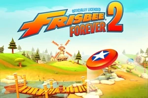 Barevná kreslená krajina s větrným mlýnem a létajícím frisbee na mostě