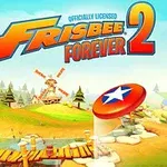 Barevná kreslená krajina s větrným mlýnem a létajícím frisbee na mostě