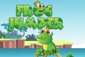 Žába s korunkou sedí na větvi, v pozadí je vodní plocha a ostrůvky se stromy, s nápisem Frog Jumper nad ní