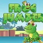 Žába s korunkou sedí na větvi, v pozadí je vodní plocha a ostrůvky se stromy, s nápisem Frog Jumper nad ní