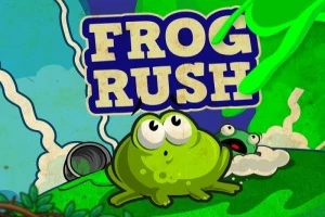 Žába na zeleném kopci s velkým názvem FROG RUSH na pozadí