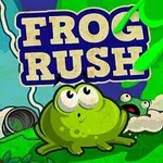 Žába na zeleném kopci s velkým názvem FROG RUSH na pozadí