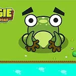 Roztomilá kreslená žába na zelené trávě blízko modré vody s logem Frogie: Cross the Road v levém horním rohu