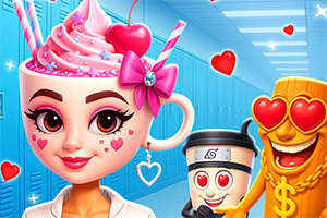 Dívka s růžovým hrnkem plným šlehačky s třešničkou, obklopená postavičkami s emotikonovými obličeji v modré chodbě