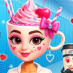 Dívka s růžovým hrnkem plným šlehačky s třešničkou, obklopená postavičkami s emotikonovými obličeji v modré chodbě