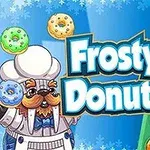 Lední medvěd kuchař drží koblihy vedle nápisu Frosty Donuts s pozadím posetým barevnými koblihami
