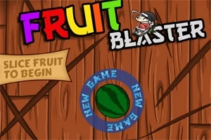Barevný nápis Fruit Blaster na dřevěném pozadí s obrázkem bojovníka a melounem uprostřed obklopeným kruhem s textem New Game