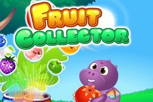 Název Fruit Collector s kresleným fialovým zvířetem držícím ovoce na modrém pozadí s barevnými bublinami