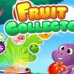 Název Fruit Collector s kresleným fialovým zvířetem držícím ovoce na modrém pozadí s barevnými bublinami