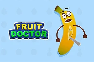 Žlutý banán s vystrašeným obličejem je rozříznutý nožem vedle názvu hry Fruit Doctor na modrém pozadí