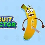 Žlutý banán s vystrašeným obličejem je rozříznutý nožem vedle názvu hry Fruit Doctor na modrém pozadí