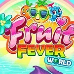Barevný nápis Fruit Fever World s ovocnými postavami a duhou na pozadí