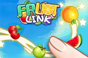 Barevná grafika s ovocem, ukazujícím prstem a nápisem FRUIT LINK na modrém pozadí