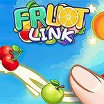 Barevná grafika s ovocem, ukazujícím prstem a nápisem FRUIT LINK na modrém pozadí