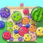 Drobné, barevné ovoce s usměvavými obličeji na kresleném pozadí