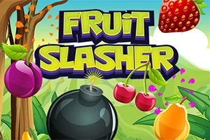 Barevná ilustrace s ovocem a bombou, s nápisem Fruit Slasher na pozadí krajiny
