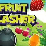 Barevná ilustrace s ovocem a bombou, s nápisem Fruit Slasher na pozadí krajiny
