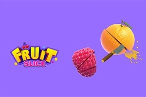 Fialové pozadí s logem „FRUIT SLICE“ a obrázkem maliny a pomeranče, které jsou rozřezány nožem