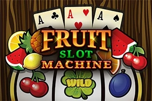 Hrací automat s ovocnými symboly, třemi eso kartami a nápisy FRUIT SLOT MACHINE