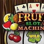 Hrací automat s ovocnými symboly, třemi eso kartami a nápisy FRUIT SLOT MACHINE