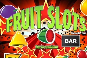 Barevný obrázek s nápisem FRUIT SLOTS obklopený ovocem, jako je meloun, zvonek a nápis BAR, vše na červeném pozadí s hvězdami