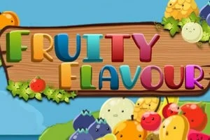 Barevný nápis FRUITY FLAVOUR na dřevěném pozadí s kreslenými ovocnými postavičkami kolem