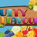Barevný nápis FRUITY FLAVOUR na dřevěném pozadí s kreslenými ovocnými postavičkami kolem