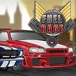Červené a modré sportovní auto vedle sebe na pozadí městské siluety s logem Fuel Rage nahoře
