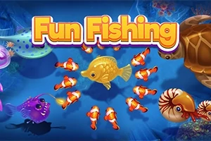 Fun Fishing Ryby různých barev a tvarů plavající pod vodou s nápisem Fun Fishing