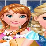 Dvě animované princezny s copánky a sněhulákem stojí před oknem s rozsvícenými světly