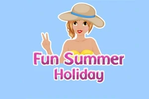 Žena s kloboukem a plavkami ukazující znak vítězství s nápisem Fun Summer Holiday