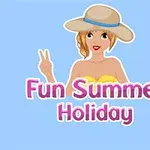 Žena s kloboukem a plavkami ukazující znak vítězství s nápisem Fun Summer Holiday
