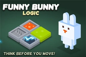 Bílý pixelový králíček stojí vedle čtvercové desky s různými terény a nápisy FUNNY BUNNY LOGIC a THINK BEFORE YOU MOVE!