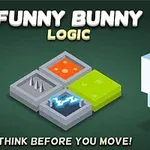 Bílý pixelový králíček stojí vedle čtvercové desky s různými terény a nápisy FUNNY BUNNY LOGIC a THINK BEFORE YOU MOVE!
