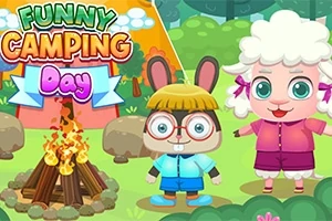Dva kreslené zvířecí postavičky stojí před táborovým ohněm v lese, vedle nápisu Funny Camping Day