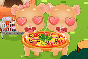 Dvě kreslené kočky s srdíčky místo očí držící pizzu s různými přísadami