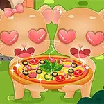 Dvě kreslené kočky s srdíčky místo očí držící pizzu s různými přísadami