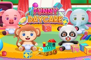 Barevní kreslení slon, opice, panda a prasátko sedící na hrací podložce s hračkami, doplněné nápisem Funny Daycare