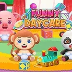 Barevní kreslení slon, opice, panda a prasátko sedící na hrací podložce s hračkami, doplněné nápisem Funny Daycare