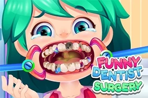 Dívka s modrozelenými vlasy, otevřenými ústy držícími dentální nástroje, ukazuje poškozené zuby