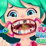 Dívka s modrozelenými vlasy, otevřenými ústy držícími dentální nástroje, ukazuje poškozené zuby