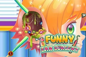 Kreslený obrázek dětské hlavy s uchem plným barevných bakterií a nápisem „Funny Ear Surgery“