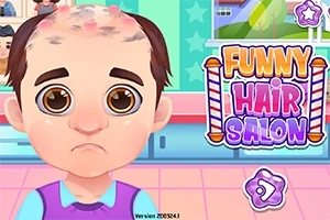 Podivuhodný kreslený chlapec s ustupujícími vlasy a zamračeným výrazem v kadeřnickém salonu, s názvem Funny Hair Salon vpravo