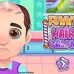 Podivuhodný kreslený chlapec s ustupujícími vlasy a zamračeným výrazem v kadeřnickém salonu, s názvem Funny Hair Salon vpravo