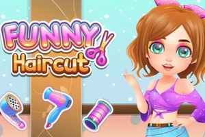 Dívka s hnědými vlasy a modrýma očima stojí vedle loga Funny Haircut s obrázky kadeřnických potřeb