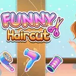 Dívka s hnědými vlasy a modrýma očima stojí vedle loga Funny Haircut s obrázky kadeřnických potřeb