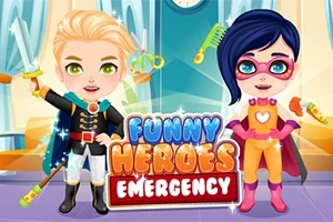 Dvě animované postavy v kostýmech superhrdinů stojí vedle sebe před nápisem Funny Heroes Emergency