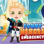 Dvě animované postavy v kostýmech superhrdinů stojí vedle sebe před nápisem Funny Heroes Emergency