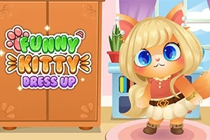 Roztomilá kočka s velkýma modrýma očima v oblečení stojí vedle skříně s nápisem Funny Kitty Dress Up v barevném a hravém interiéru
