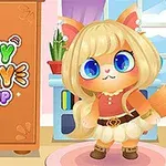 Roztomilá kočka s velkýma modrýma očima v oblečení stojí vedle skříně s nápisem Funny Kitty Dress Up v barevném a hravém interiéru